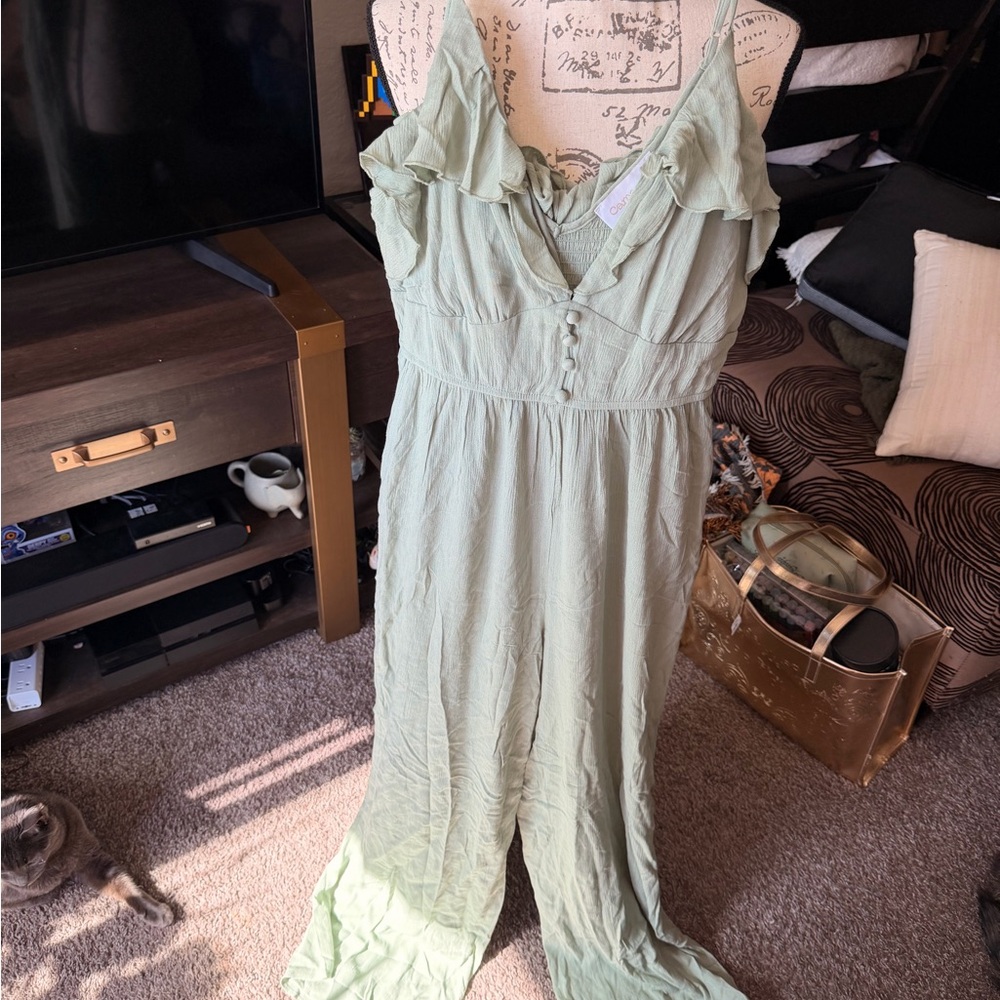 Dry Goods Light Sage Ruffled Wide-Leg Jumpsuit
